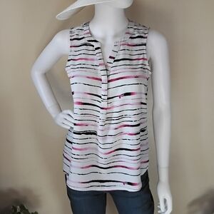 APT. 9 Pink, White, & Black Petite Striped Hi-Lo Pleated Tank – Office Chic PS